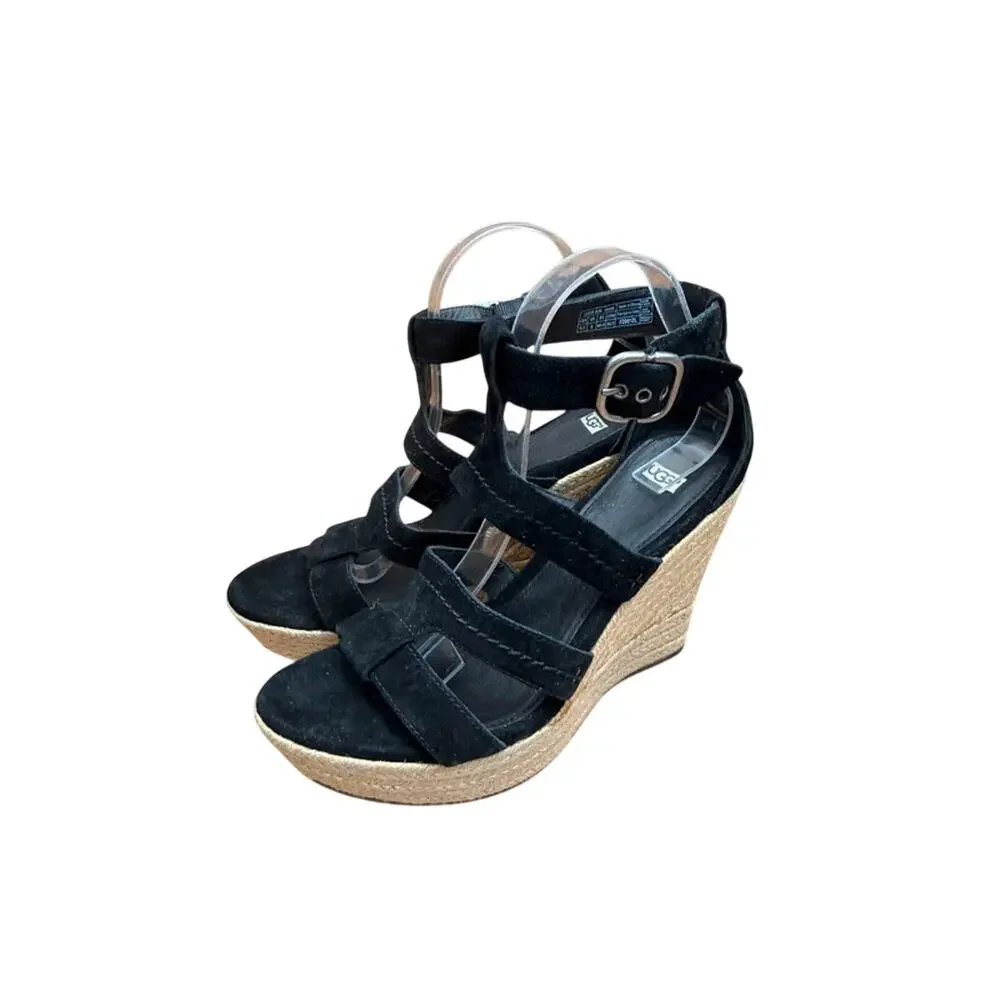 Ugg size 9.5 Callia Black Suede Platform Wedge Ankle Strap Heels Sandals women